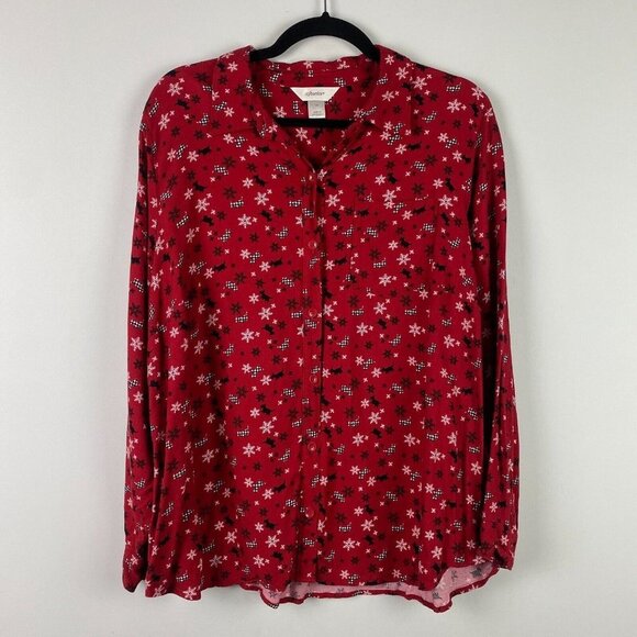 CJ Banks Scottie Dog Button Up Shirt Womens 1X Red Black Snowflakes - Picture 1 of 10